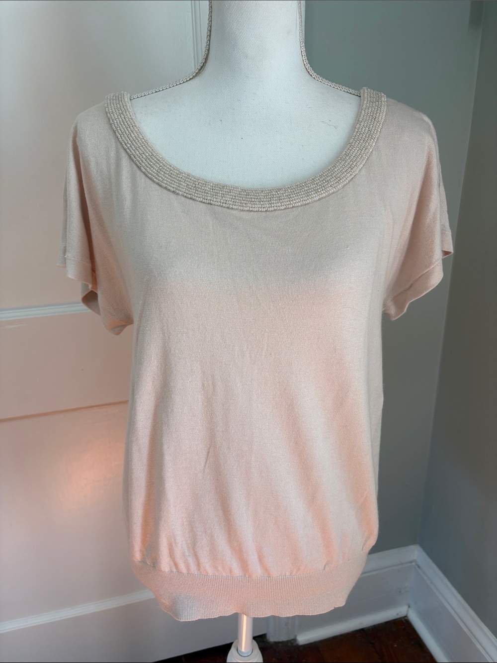 NWT H&M Cream Scoop Neck Short Sleeve Sweater Beaded Cotton Blend Size 14